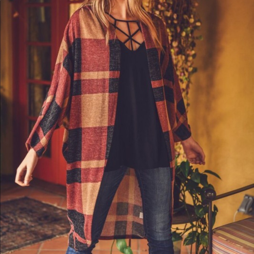 Plaid Open Front Duster Cardigan Jacket